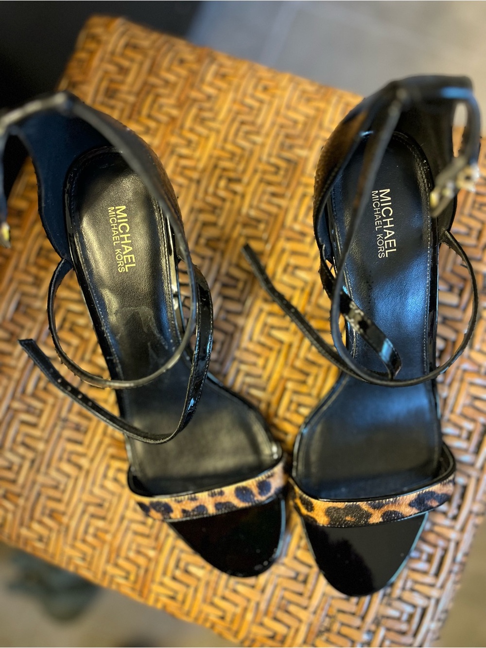 MICHAEL Michael Kors Black Heeled Sandals with Leopard Accent